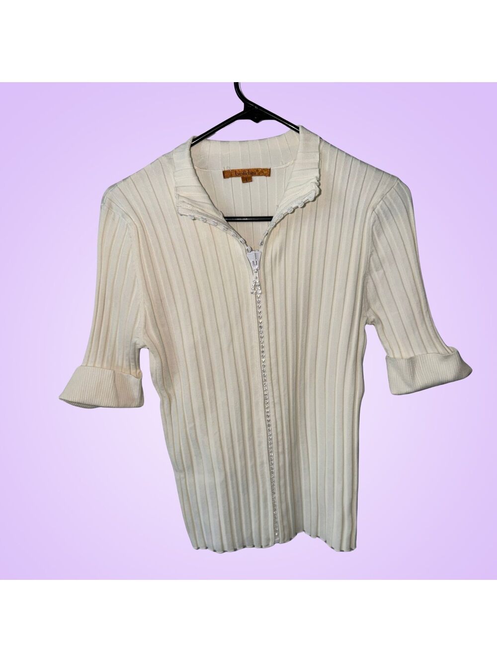 Belldini Ivory Ribbed Rhinestone Zip Front Top Cuffed Sleeves Size L Y2K